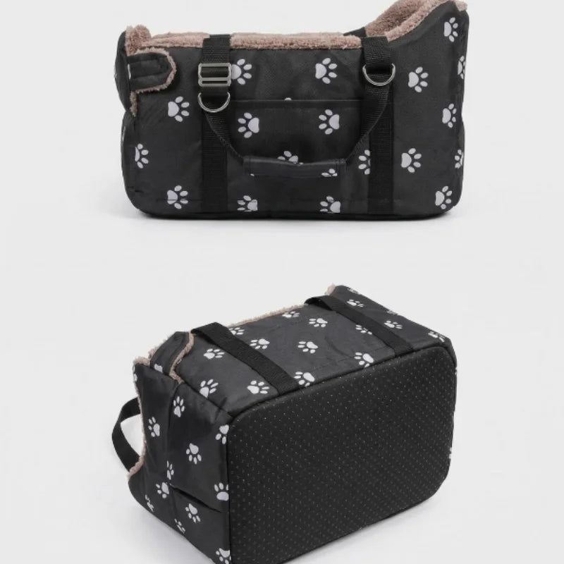 Portable Pet Car Carrier Center Console Dog Seat Safety Seat for Small Dogs Cats with Paw Print Design Pet Bed