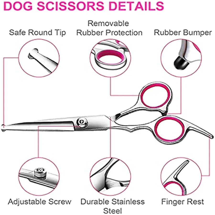 Pet Dog Cat Grooming Scissors Kit Safety round Tips Thinning  Set with Straight And Curved Blades Comb Professional Dog Groomer