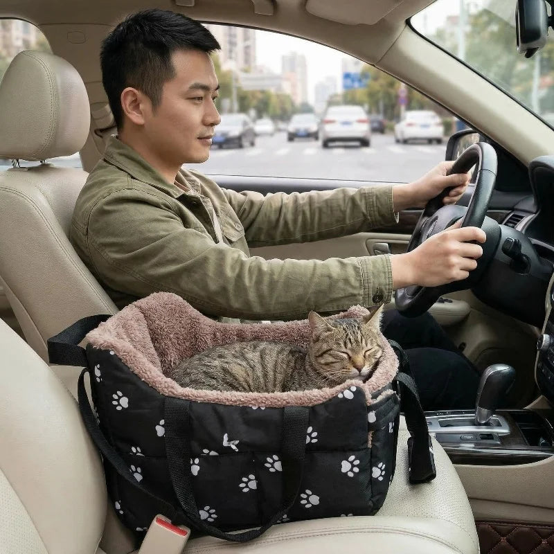 Portable Pet Car Carrier Center Console Dog Seat Safety Seat for Small Dogs Cats with Paw Print Design Pet Bed