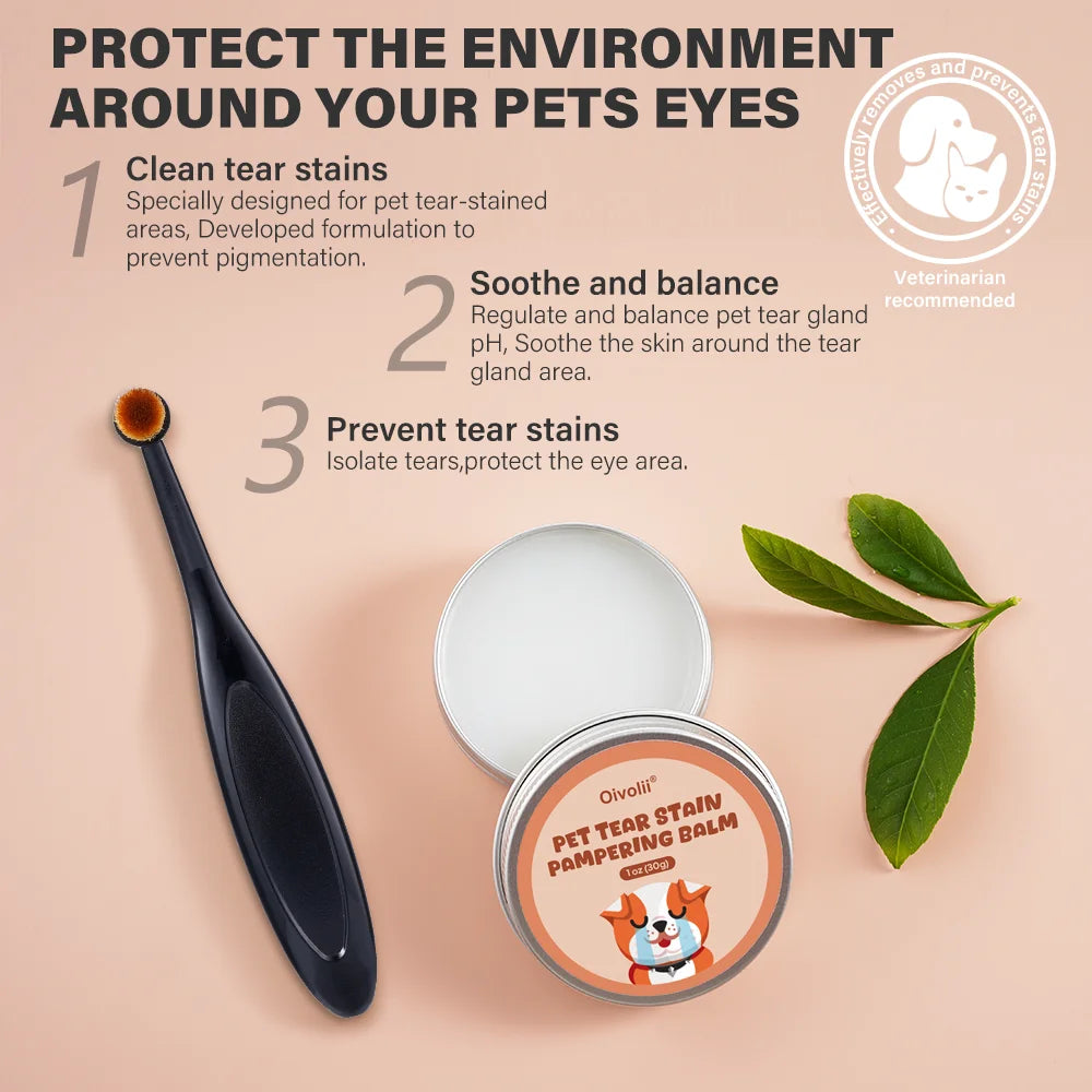 Pet Tear Stain Remover Balm With Brush Gentle Eye Cleaner For Dogs Cats Reduce Tear Marks Safe Non-Irritating Pet Eye Care