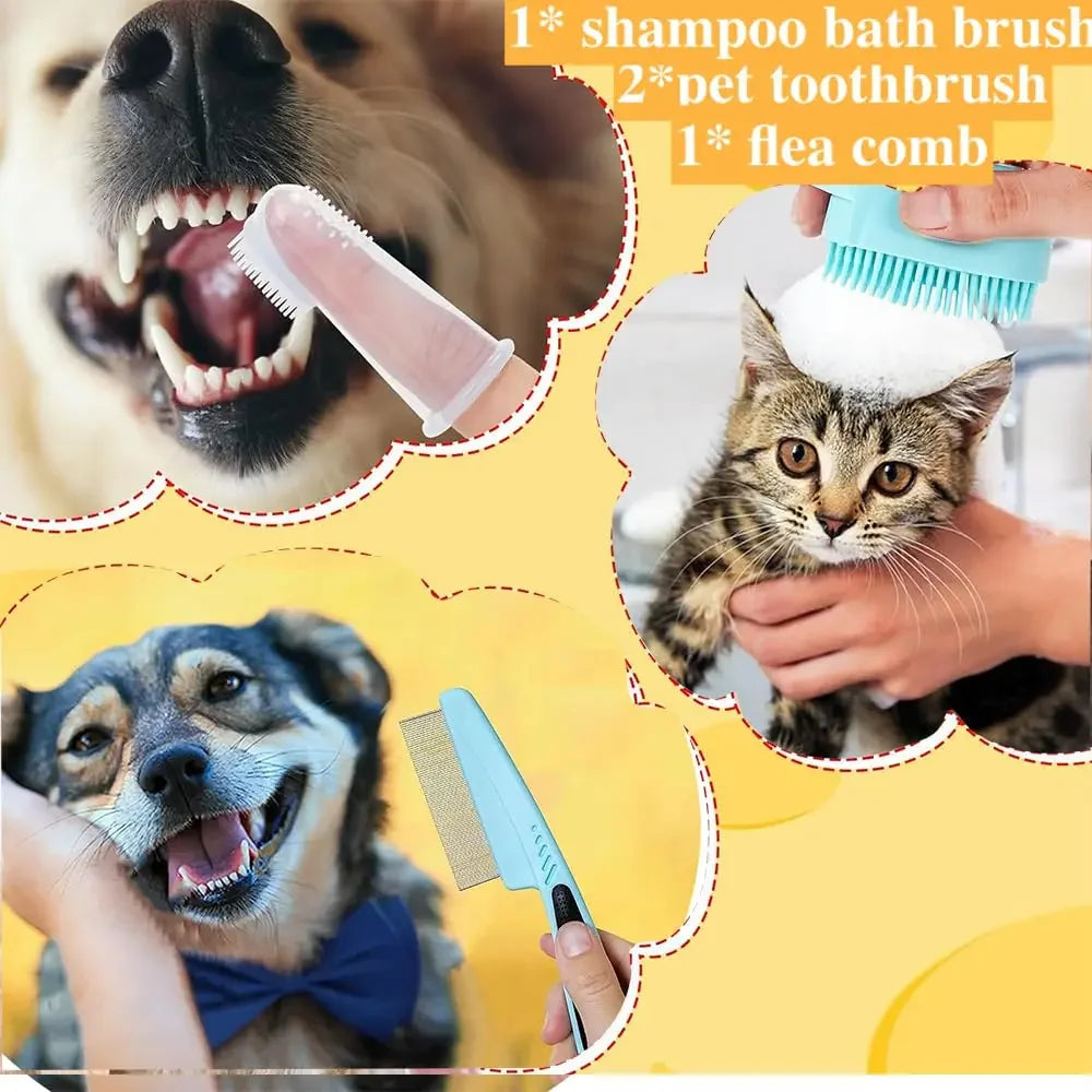 7-Piece Pet Grooming Kit - Self-Cleaning Brush, Nail Clipper, File, Flea Comb, Bath Brush, Finger Toothbrush,