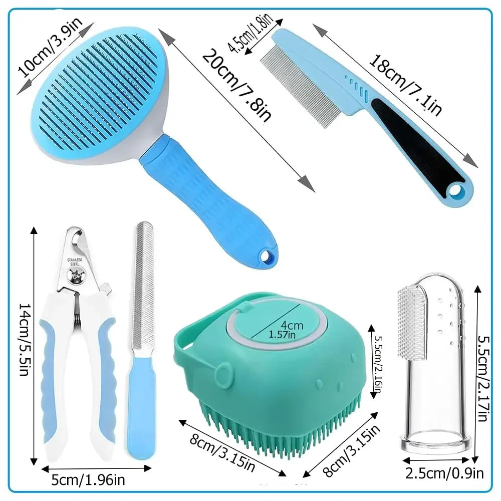 7-Piece Pet Grooming Kit - Self-Cleaning Brush, Nail Clipper, File, Flea Comb, Bath Brush, Finger Toothbrush,