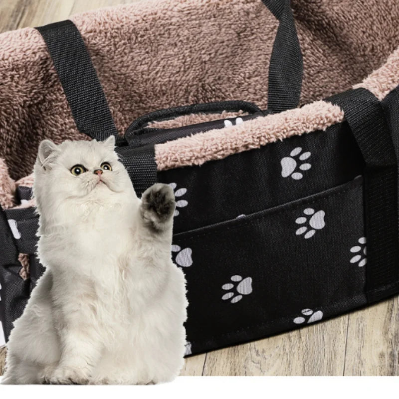 Portable Pet Car Carrier Center Console Dog Seat Safety Seat for Small Dogs Cats with Paw Print Design Pet Bed