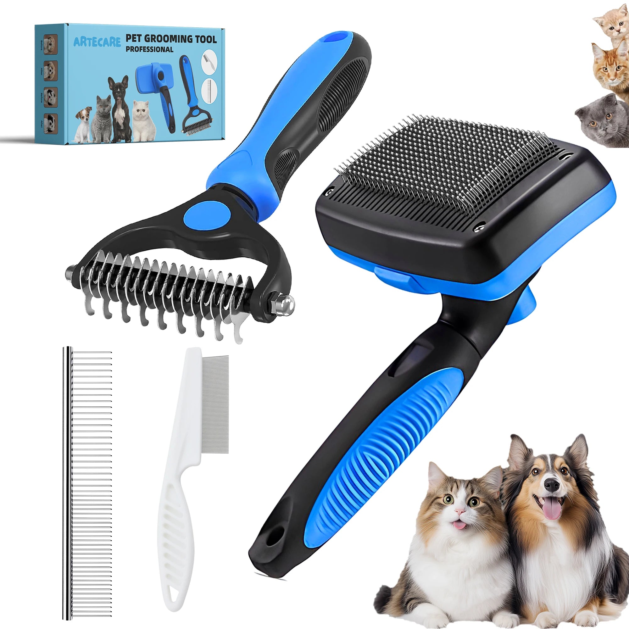 4pcs Professional Pet Grooming Brush Kit Cat Brush fit Long and Short Hair Stainless Steel Comb for Dog Puppy Hair Care Supplies