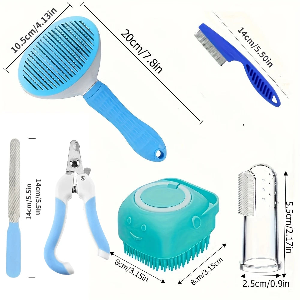 7-Piece Pet Grooming Kit - Self-Cleaning Brush, Nail Clipper, File, Flea Comb, Bath Brush, Finger Toothbrush,