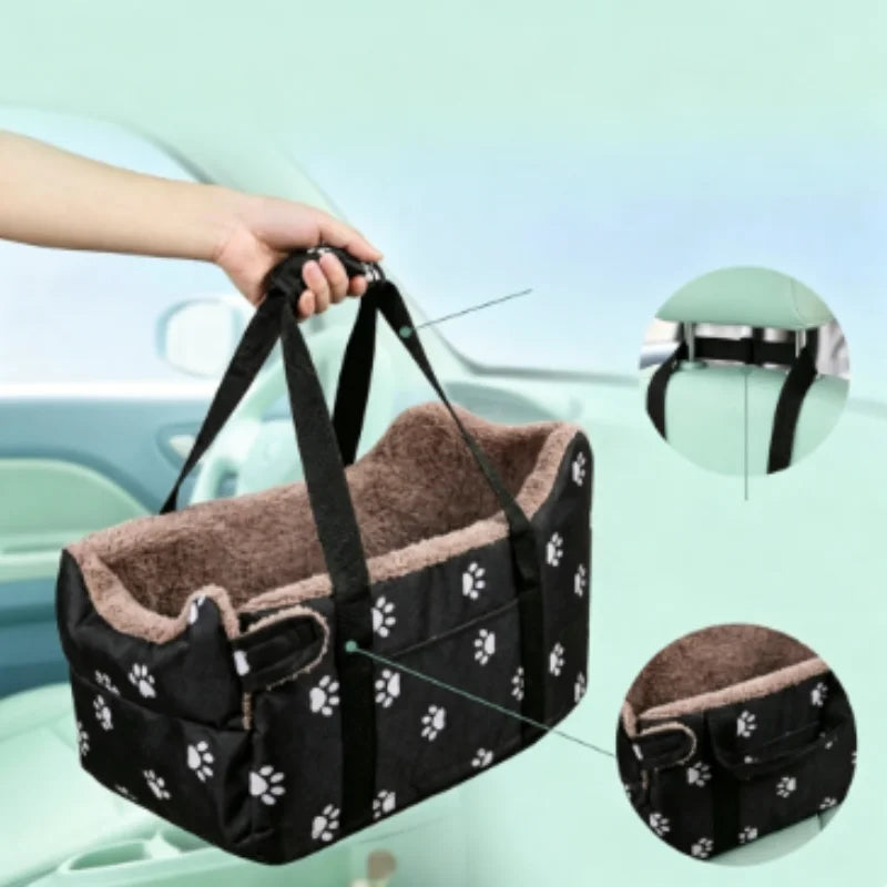 Portable Pet Car Carrier Center Console Dog Seat Safety Seat for Small Dogs Cats with Paw Print Design Pet Bed
