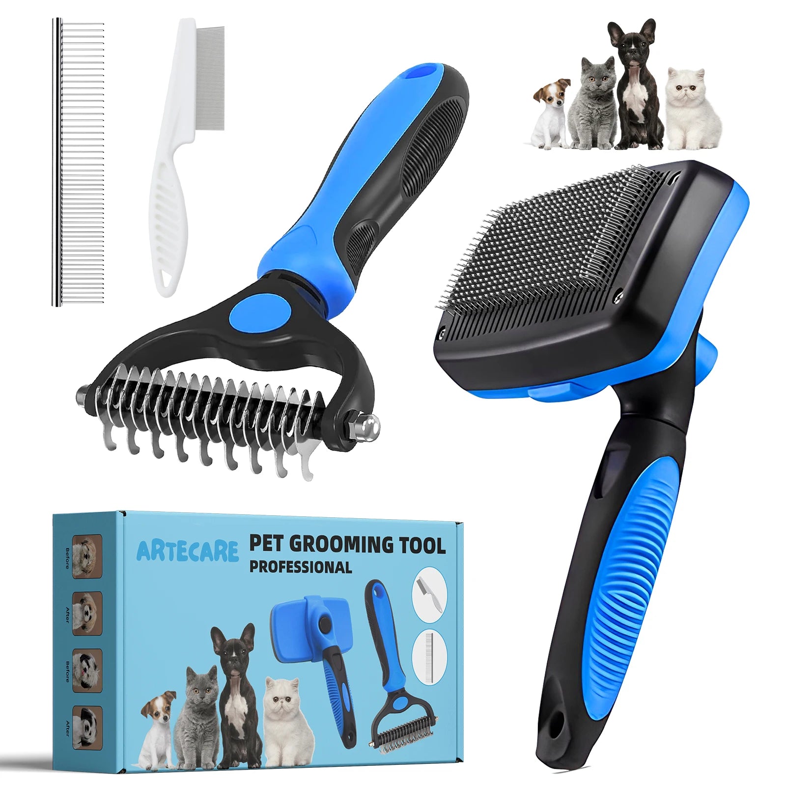 4pcs Professional Pet Grooming Brush Kit Cat Brush fit Long and Short Hair Stainless Steel Comb for Dog Puppy Hair Care Supplies