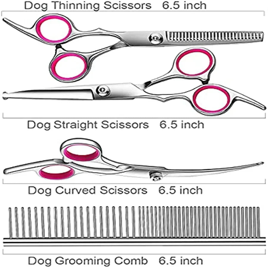 Pet Dog Cat Grooming Scissors Kit Safety round Tips Thinning  Set with Straight And Curved Blades Comb Professional Dog Groomer
